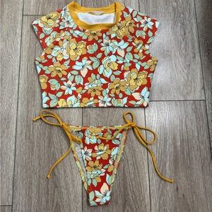 NEW Free People Floral Crop Rashguard Bikini Set M